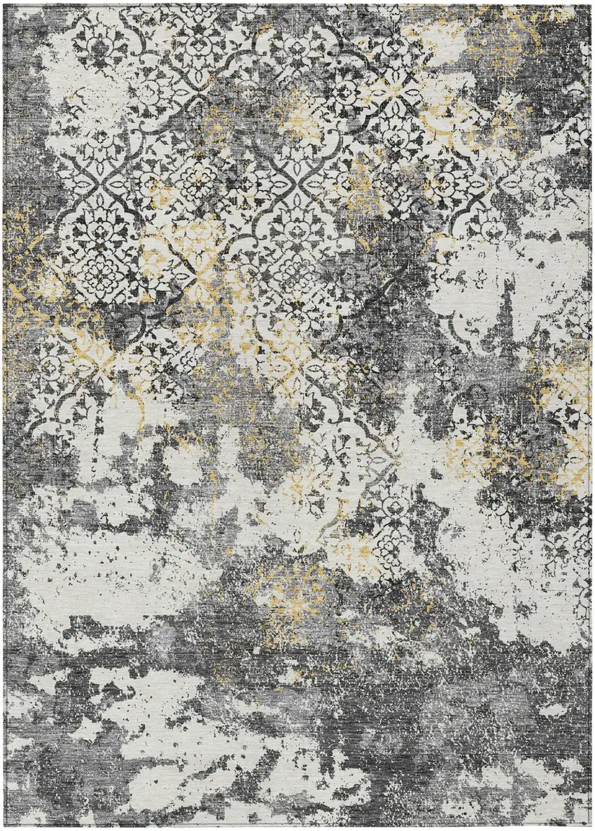 Charcoal Gray And Silver Floral Washable Indoor Outdoor Area Rug Photo 2