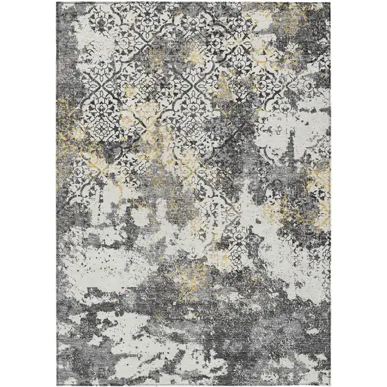 Charcoal Gray And Silver Floral Washable Indoor Outdoor Area Rug Photo 2