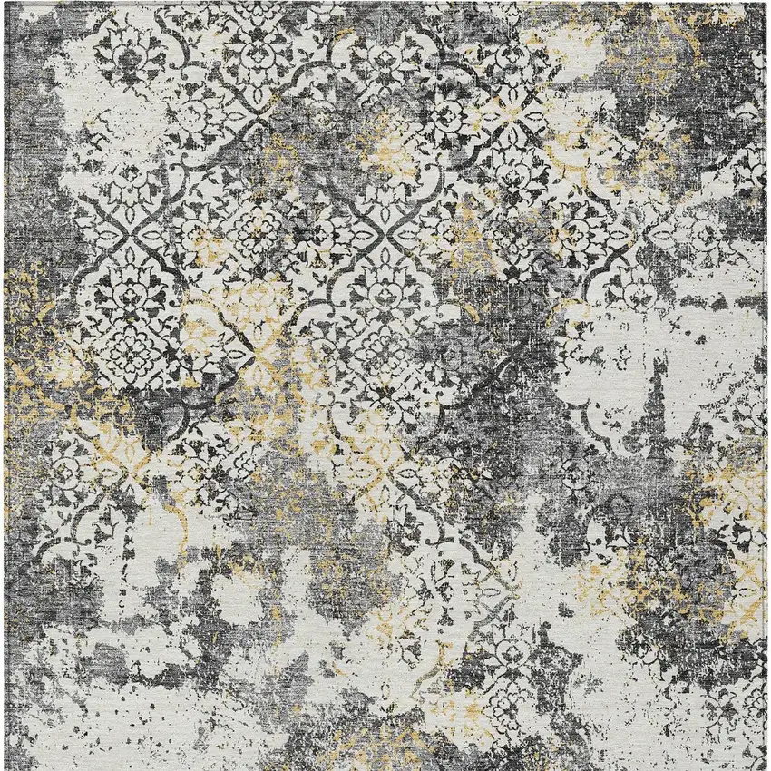 Charcoal Gray And Silver Floral Washable Indoor Outdoor Area Rug Photo 8