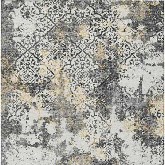Charcoal Gray And Silver Floral Washable Indoor Outdoor Area Rug Photo 8