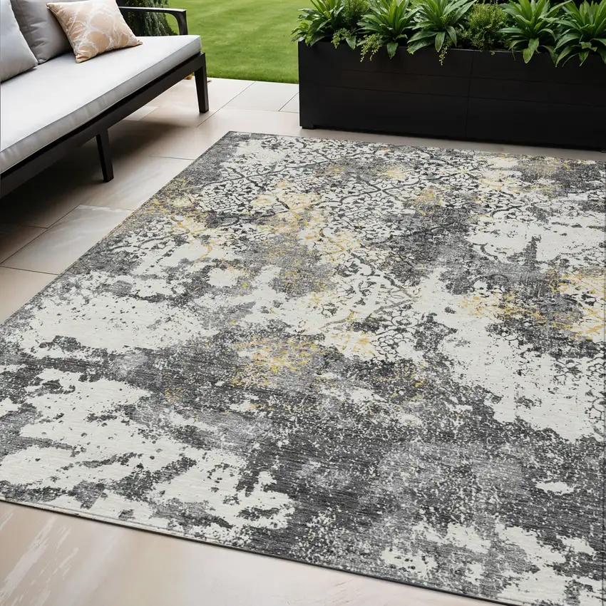 Charcoal Gray And Silver Floral Washable Indoor Outdoor Area Rug Photo 1