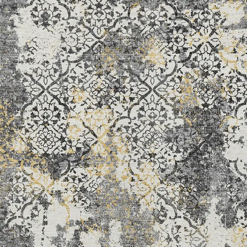 Charcoal Gray And Silver Floral Washable Indoor Outdoor Area Rug Photo 7