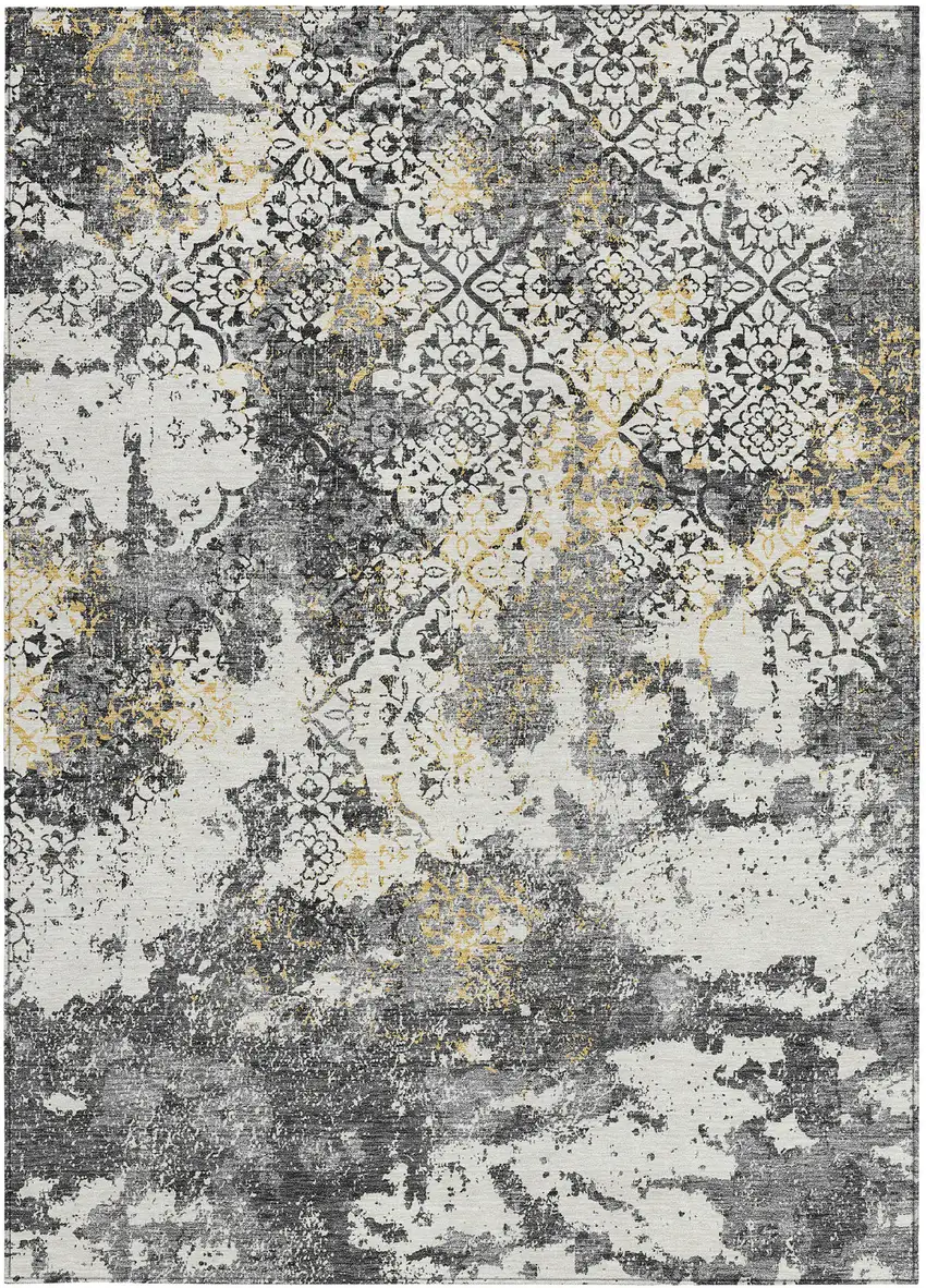 Charcoal Gray And Silver Floral Washable Indoor Outdoor Area Rug Photo 8