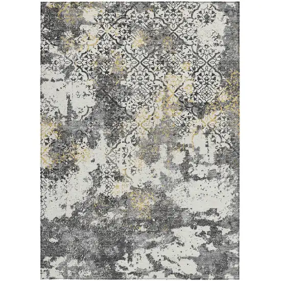 Charcoal Gray And Silver Floral Washable Indoor Outdoor Area Rug Photo 8