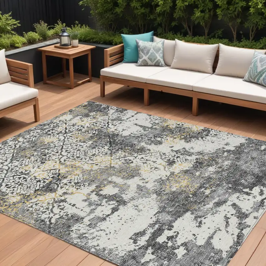 Charcoal Gray And Silver Floral Washable Indoor Outdoor Area Rug Photo 1