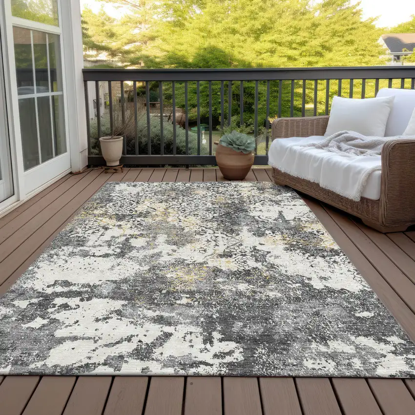Charcoal Gray And Silver Floral Washable Indoor Outdoor Area Rug Photo 9