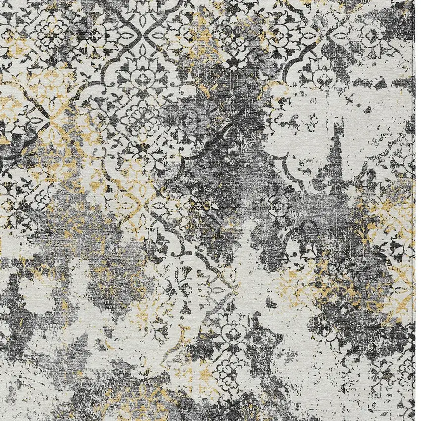 Charcoal Gray And Silver Floral Washable Indoor Outdoor Area Rug Photo 5