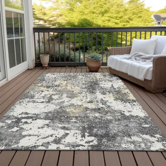Charcoal Gray And Silver Floral Washable Indoor Outdoor Area Rug Photo 7
