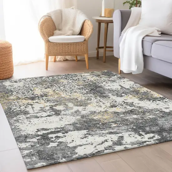 Charcoal Gray And Silver Floral Washable Indoor Outdoor Area Rug Photo 8