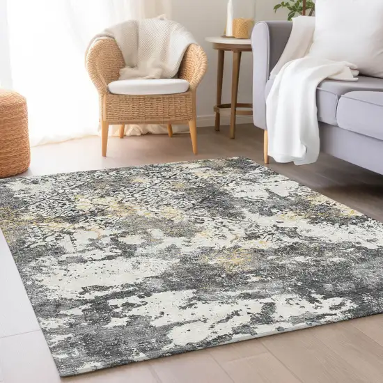 Charcoal Gray And Silver Floral Washable Indoor Outdoor Area Rug Photo 8