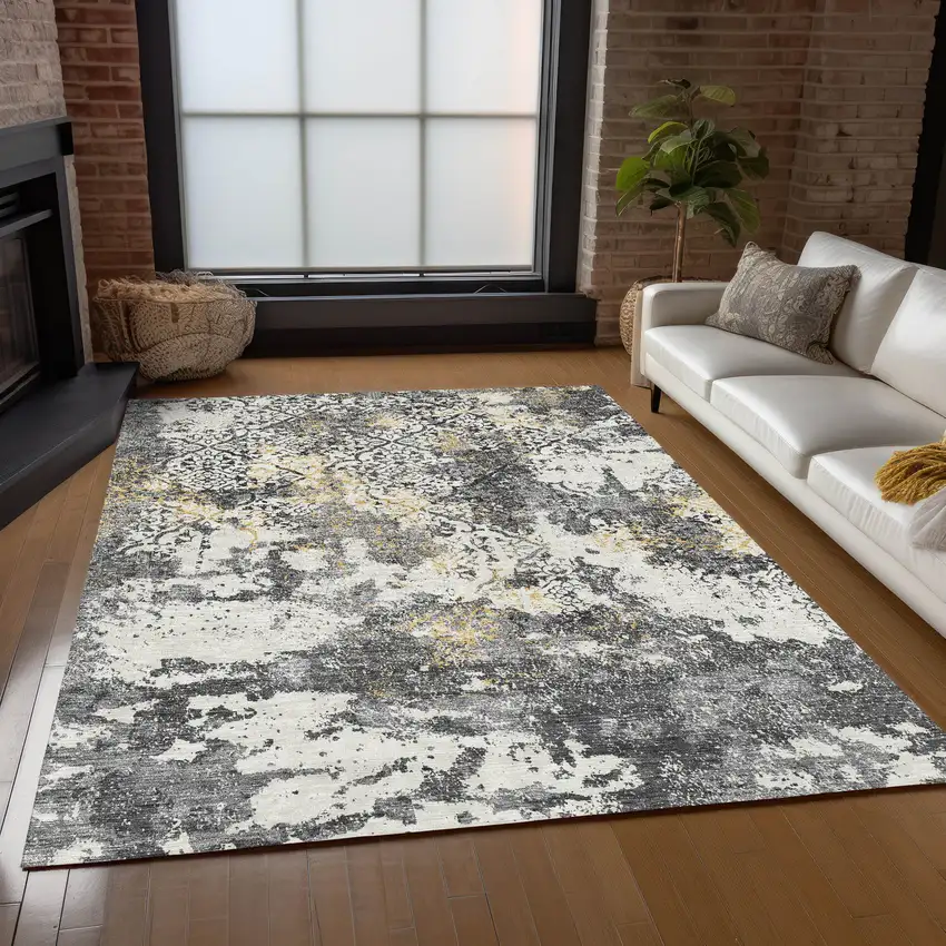Charcoal Gray And Silver Floral Washable Indoor Outdoor Area Rug Photo 9