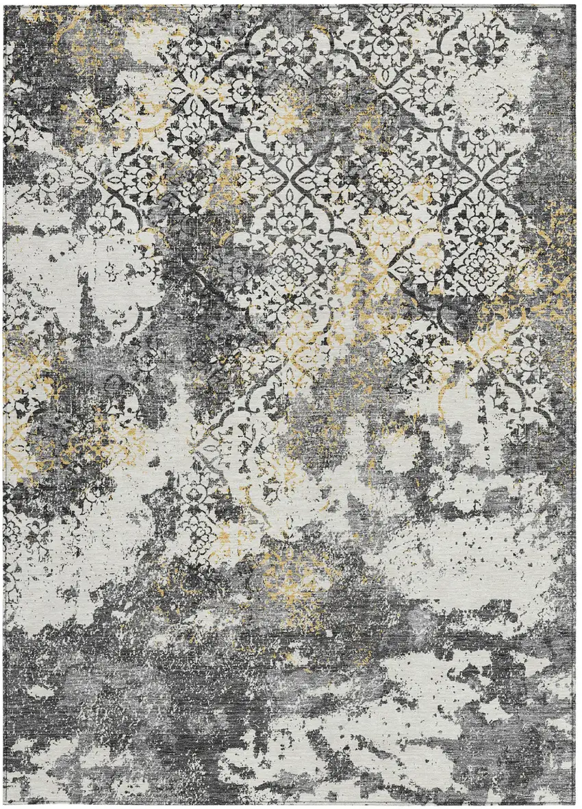 Charcoal Gray And Silver Floral Washable Indoor Outdoor Area Rug Photo 6