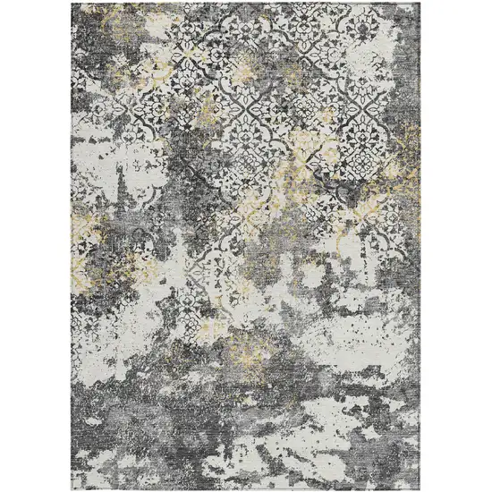 Charcoal Gray And Silver Floral Washable Indoor Outdoor Area Rug Photo 6