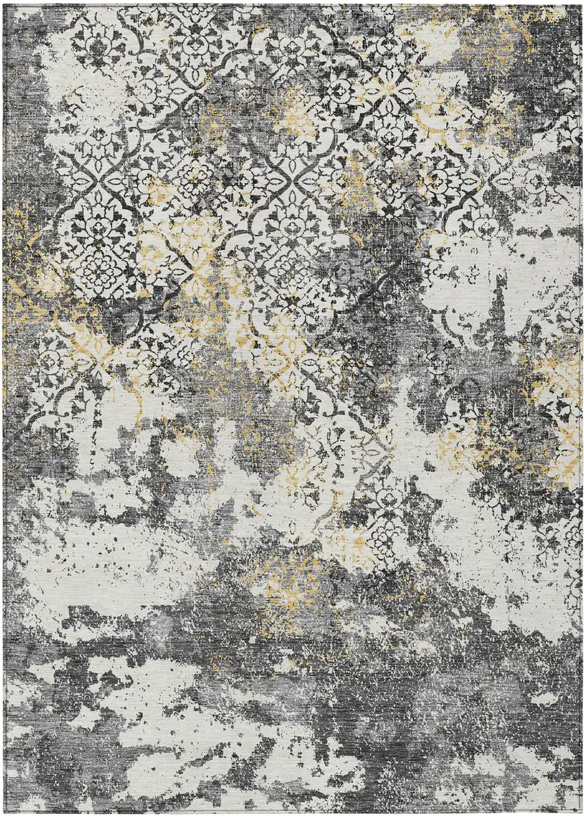 Charcoal Gray And Silver Floral Washable Indoor Outdoor Area Rug Photo 2
