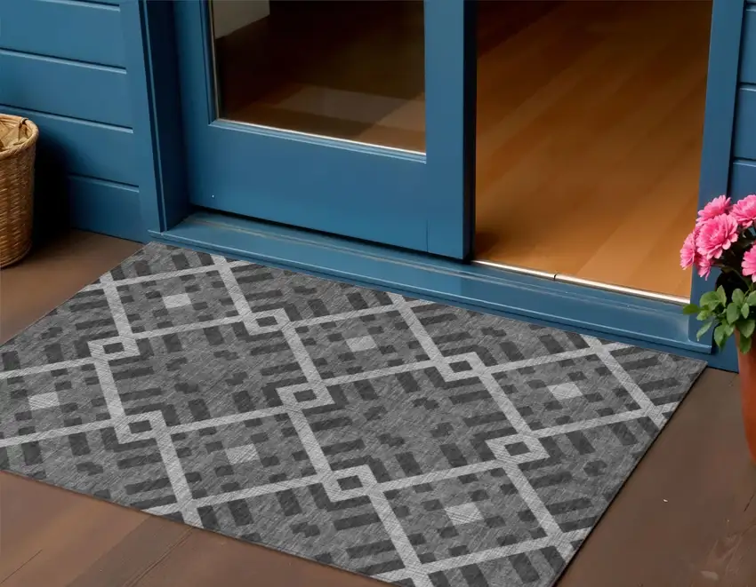 Charcoal Gray And Silver Geometric Washable Indoor Outdoor Area Rug Photo 1