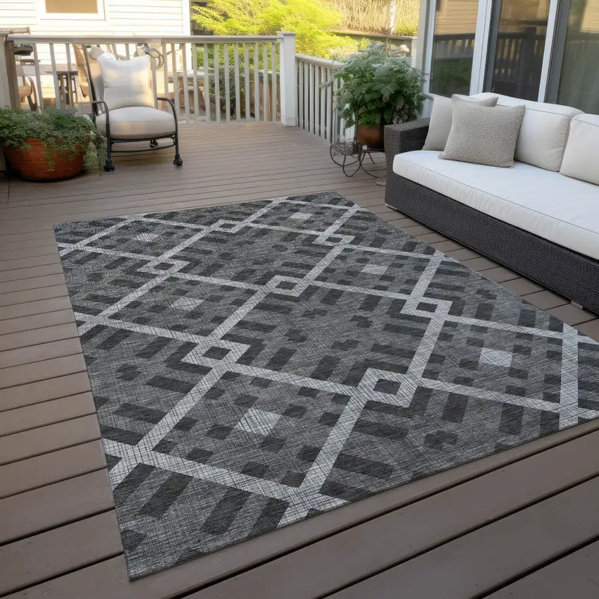 Charcoal Gray And Silver Geometric Washable Indoor Outdoor Area Rug Photo 6