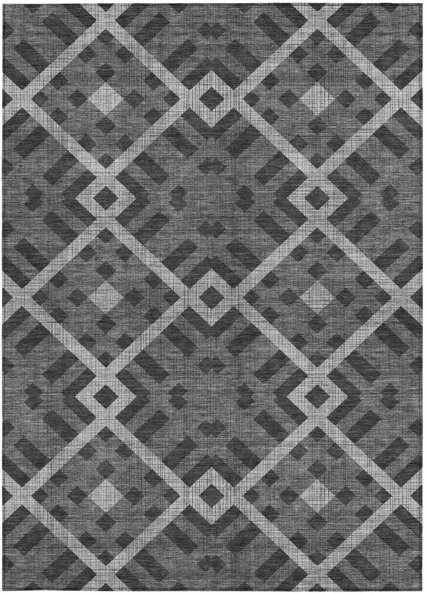 Charcoal Gray And Silver Geometric Washable Indoor Outdoor Area Rug Photo 5