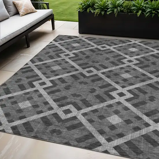 Charcoal Gray And Silver Geometric Washable Indoor Outdoor Area Rug Photo 1