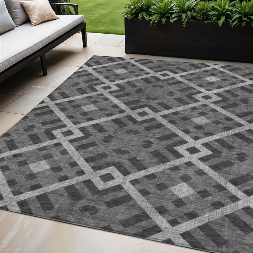 Charcoal Gray And Silver Geometric Washable Indoor Outdoor Area Rug Photo 1