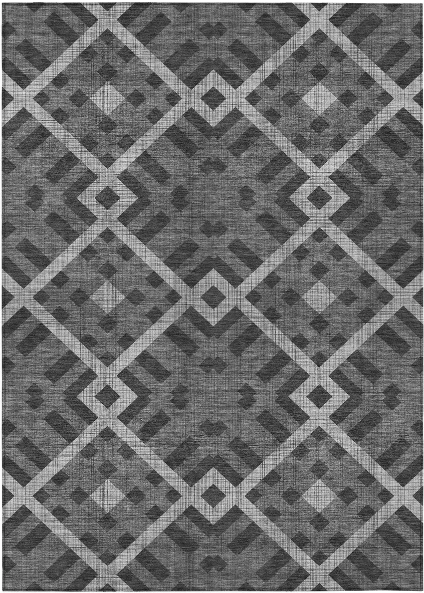 Charcoal Gray And Silver Geometric Washable Indoor Outdoor Area Rug Photo 2