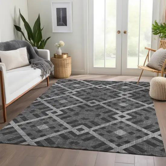 Charcoal Gray And Silver Geometric Washable Indoor Outdoor Area Rug Photo 7