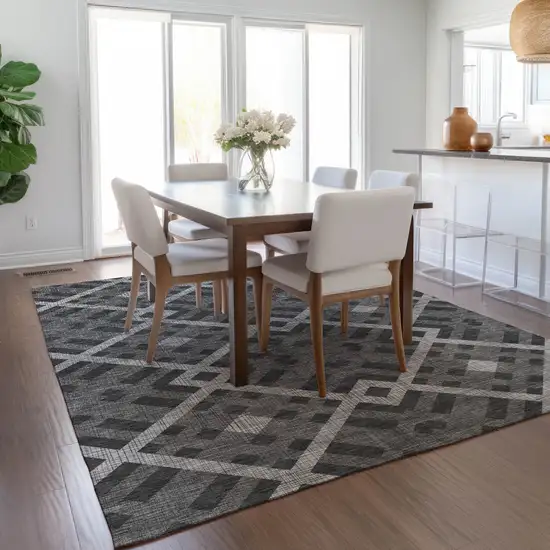 Charcoal Gray And Silver Geometric Washable Indoor Outdoor Area Rug Photo 8