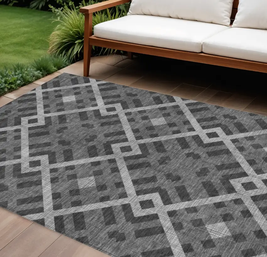 Charcoal Gray And Silver Geometric Washable Indoor Outdoor Area Rug Photo 1