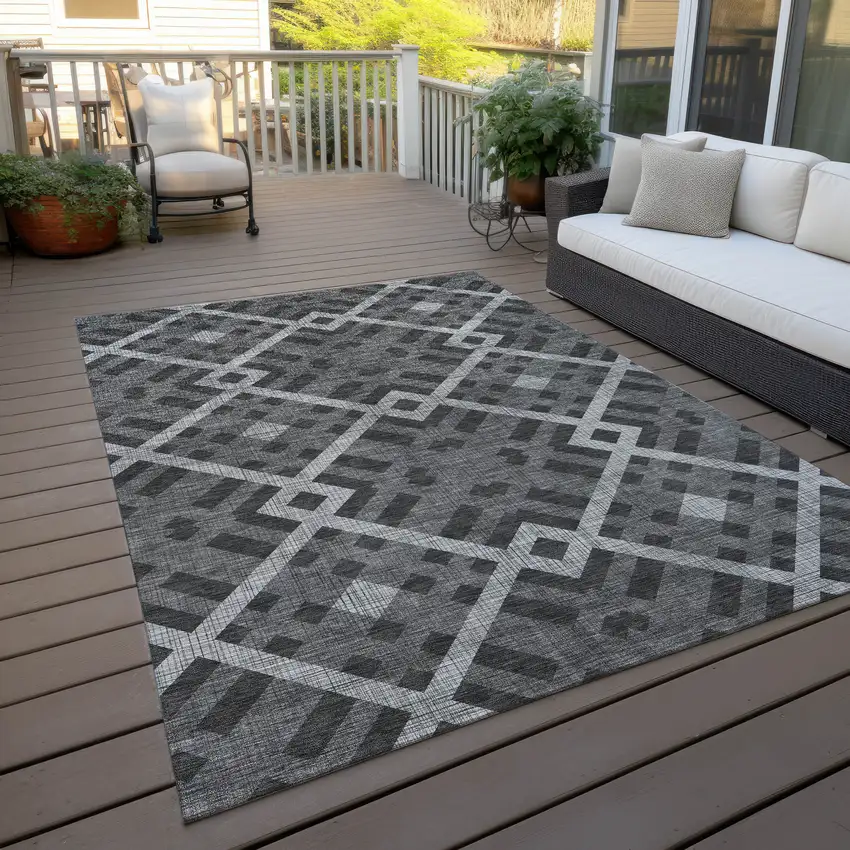 Charcoal Gray And Silver Geometric Washable Indoor Outdoor Area Rug Photo 6