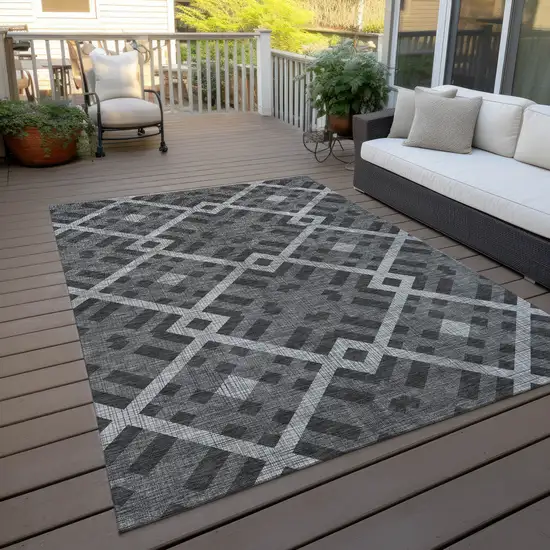 Charcoal Gray And Silver Geometric Washable Indoor Outdoor Area Rug Photo 9