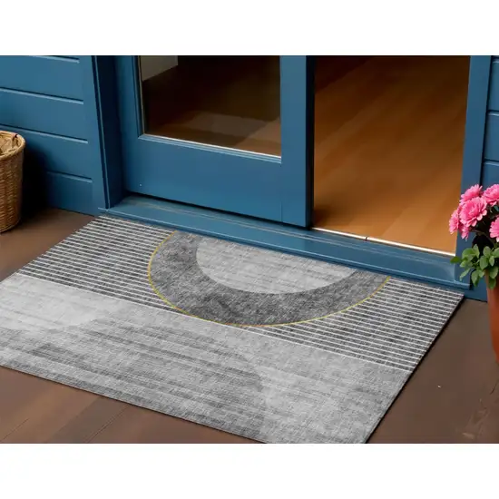 Charcoal Gray And Silver Geometric Washable Indoor Outdoor Area Rug Photo 1