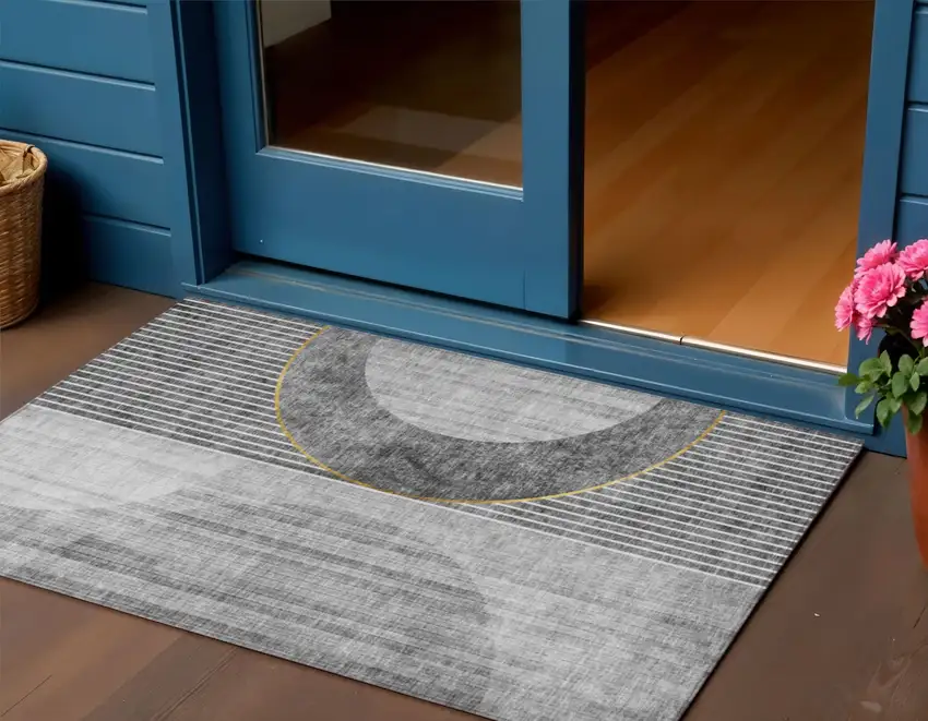 Charcoal Gray And Silver Geometric Washable Indoor Outdoor Area Rug Photo 1