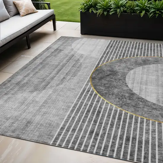 Charcoal Gray And Silver Geometric Washable Indoor Outdoor Area Rug Photo 1