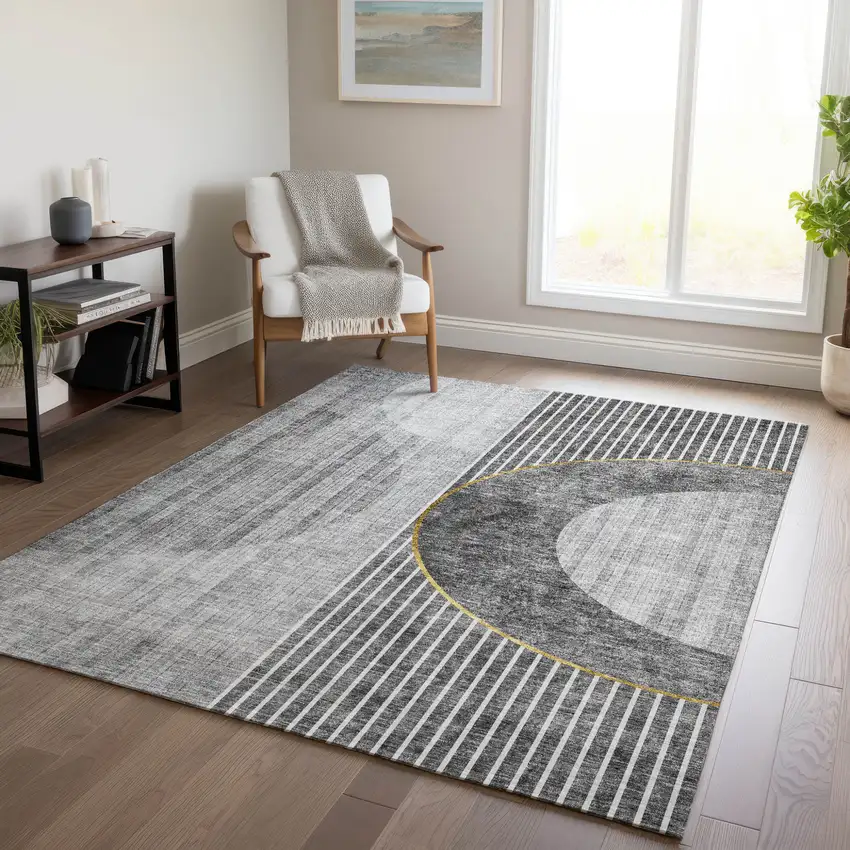 Charcoal Gray And Silver Geometric Washable Indoor Outdoor Area Rug Photo 9