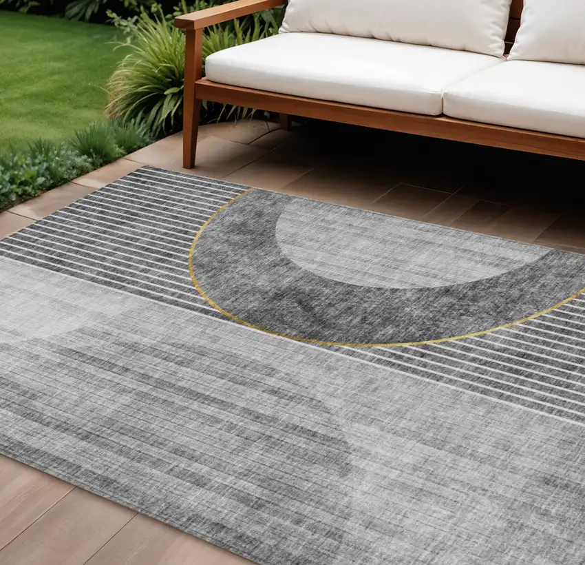 Charcoal Gray And Silver Geometric Washable Indoor Outdoor Area Rug Photo 1