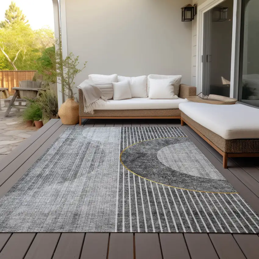 Charcoal Gray And Silver Geometric Washable Indoor Outdoor Area Rug Photo 9
