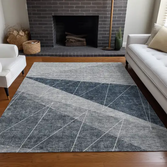 Charcoal Gray And Silver Geometric Washable Indoor Outdoor Area Rug Photo 8