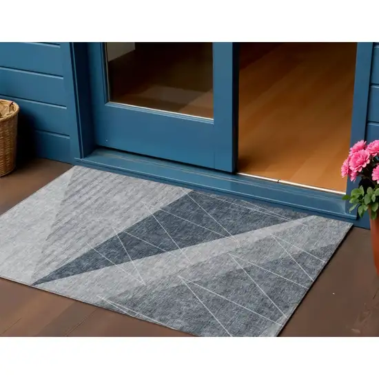 Charcoal Gray And Silver Geometric Washable Indoor Outdoor Area Rug Photo 1