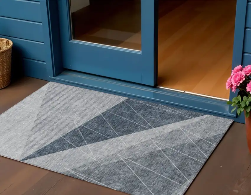 Charcoal Gray And Silver Geometric Washable Indoor Outdoor Area Rug Photo 1