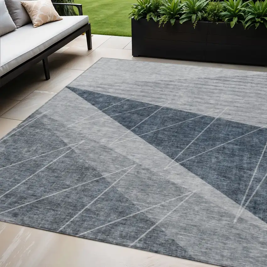 Charcoal Gray And Silver Geometric Washable Indoor Outdoor Area Rug Photo 1