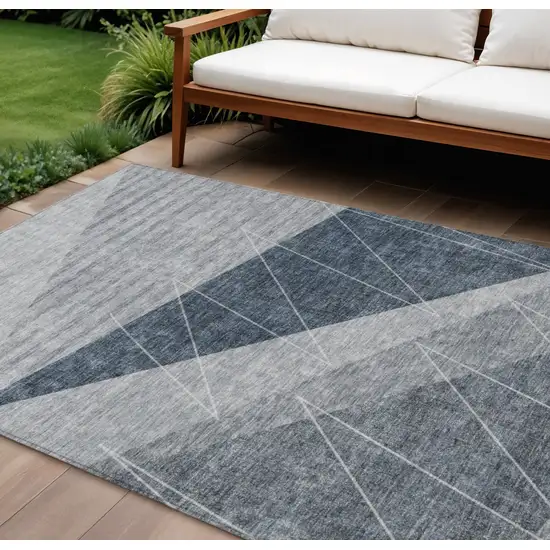 Charcoal Gray And Silver Geometric Washable Indoor Outdoor Area Rug Photo 1