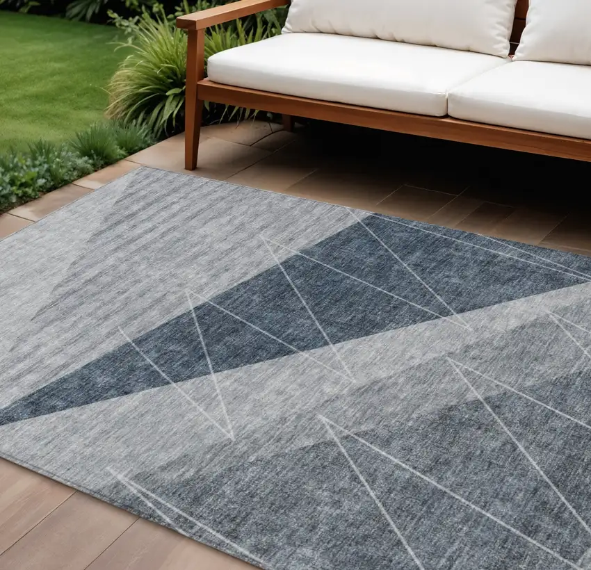 Charcoal Gray And Silver Geometric Washable Indoor Outdoor Area Rug Photo 1