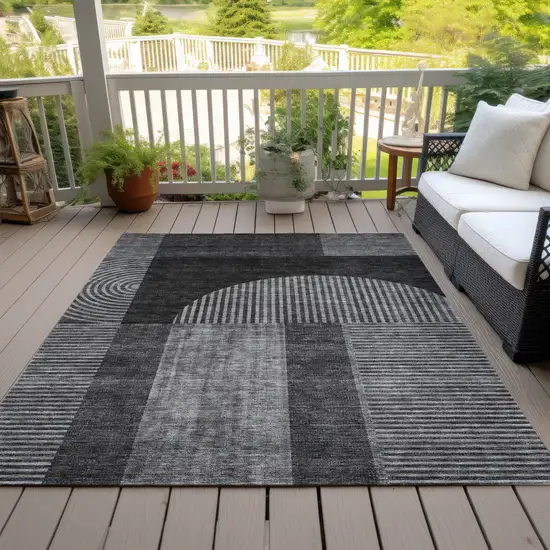 Charcoal Gray And Silver Geometric Washable Indoor Outdoor Area Rug Photo 9