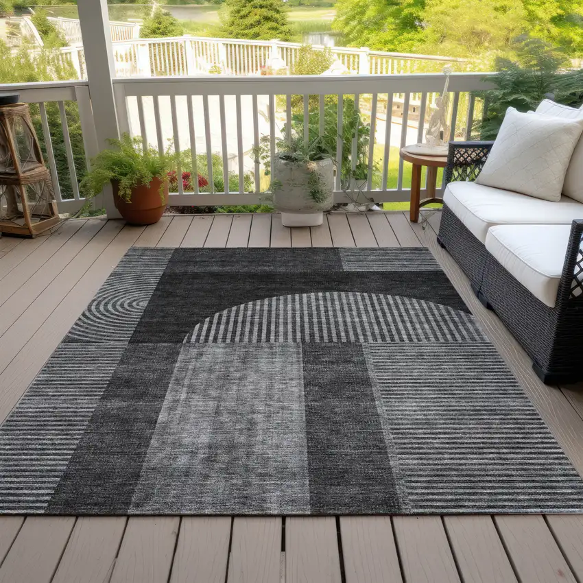 Charcoal Gray And Silver Geometric Washable Indoor Outdoor Area Rug Photo 9