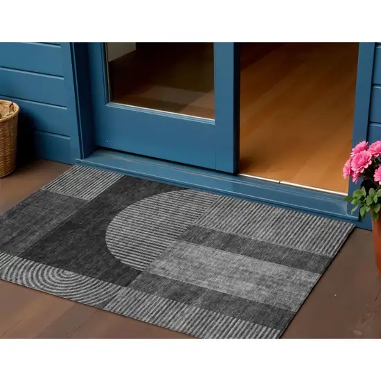 Charcoal Gray And Silver Geometric Washable Indoor Outdoor Area Rug Photo 1