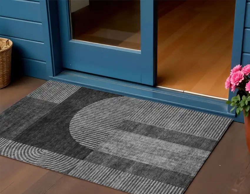 Charcoal Gray And Silver Geometric Washable Indoor Outdoor Area Rug Photo 1