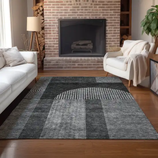 Charcoal Gray And Silver Geometric Washable Indoor Outdoor Area Rug Photo 8