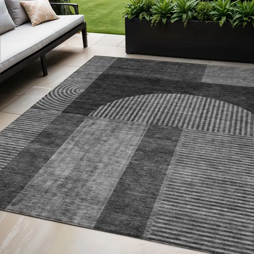 Charcoal Gray And Silver Geometric Washable Indoor Outdoor Area Rug Photo 1