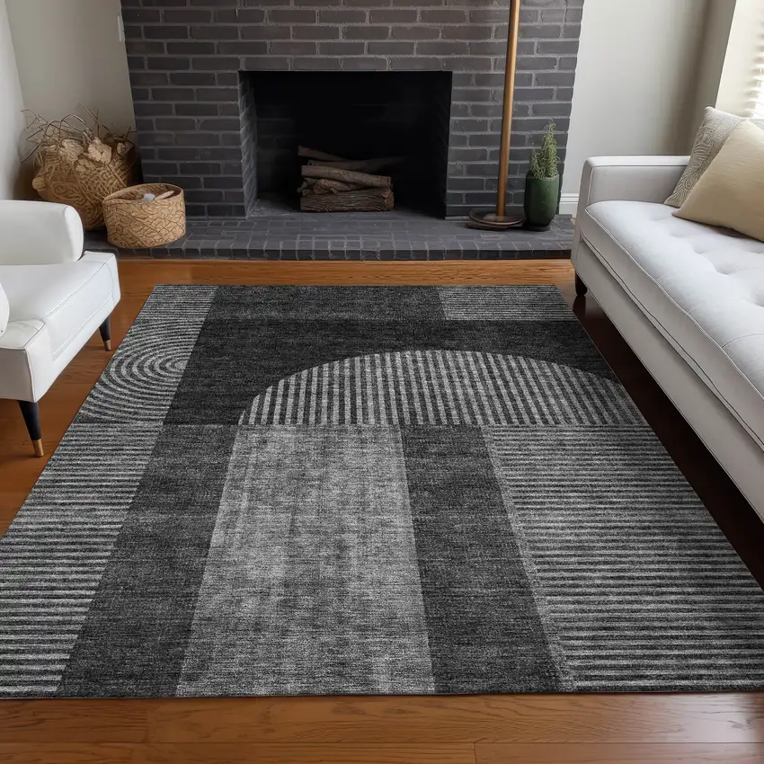 Charcoal Gray And Silver Geometric Washable Indoor Outdoor Area Rug Photo 7