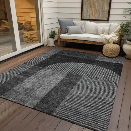 Charcoal Gray And Silver Geometric Washable Indoor Outdoor Area Rug Photo 6