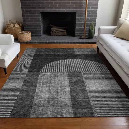 Charcoal Gray And Silver Geometric Washable Indoor Outdoor Area Rug Photo 7